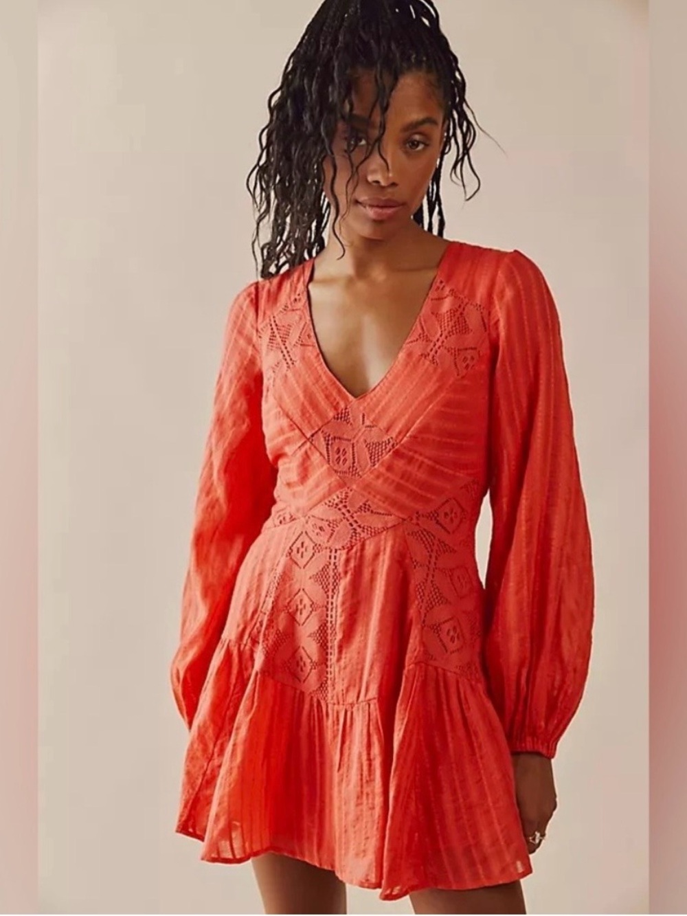 Free People boho coral mini dress with puff sleeves sz XS